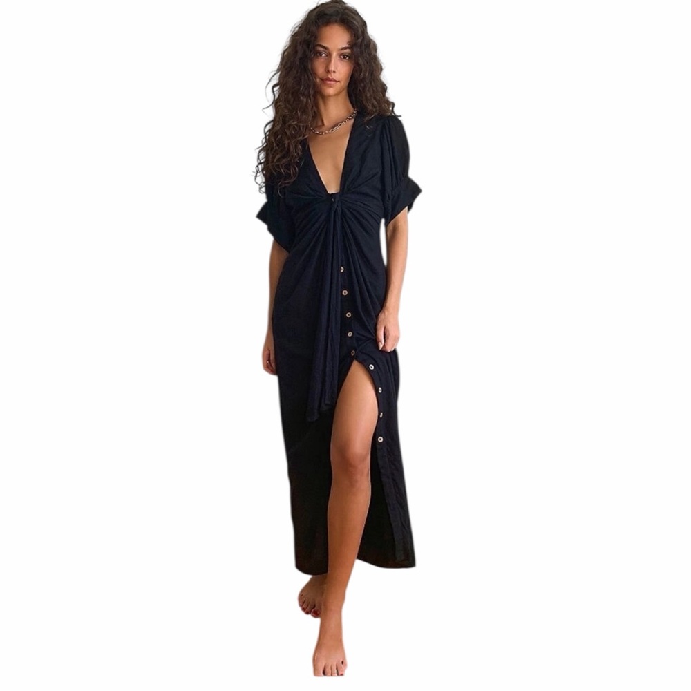 Free People Black Knotted Button-Front Midi Dress